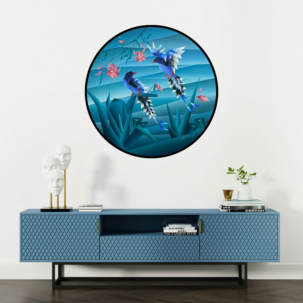 'Way Of Sitting 3 (Azure Encounter)' painting by Nirakar Chowdhury shown on a wall in a furnished room.