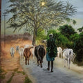 Landscape acrylic painting titled 'Way to work', 35x26 inches, by artist Lisha N T on Canvas