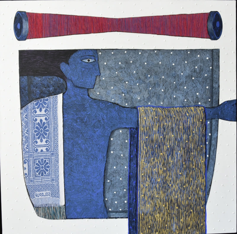 Weaver With Golden Threads' figurative acrylic painting by artist Pravin Randive, 48x48 inch, on canvas