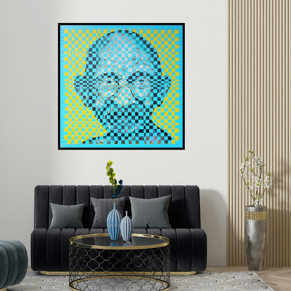 Naresh Bollu's 'Weaving Icon 2 (Gandhi ji)' painting visualized above a sofa in a contemporary room.