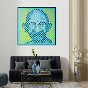 Naresh Bollu's 'Weaving Icon 2 (Gandhi ji)' painting visualized above a sofa in a contemporary room.