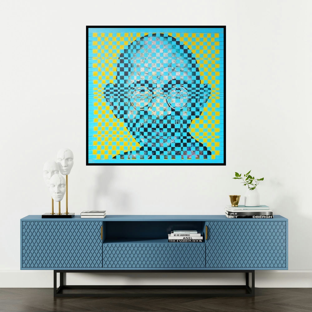 'Weaving Icon 2 (Gandhi ji)' painting by Naresh Bollu shown on a wall in a furnished room.