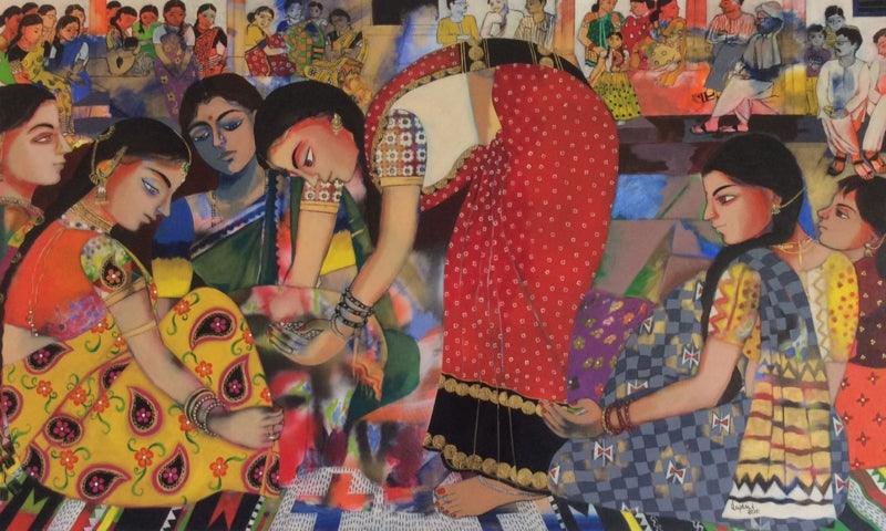 Wedding Rituals by Anjani Reddy, Original Acrylic Figurative Painting on Canvas, Large Horizontal Wall Art