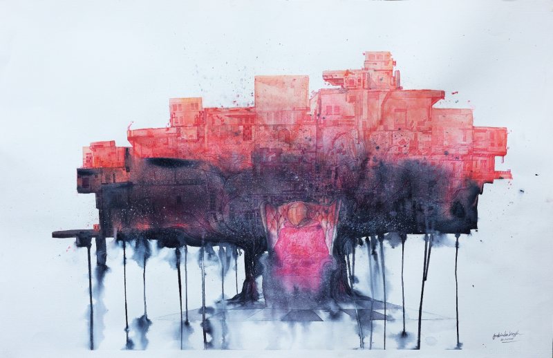 The Weight Of Growth 6' contemporary watercolor painting by artist Jasbinder Singh, 30x42 inch, on fabriano paper
