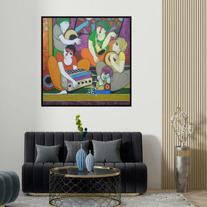 Dnyaneshwar Bembade's 'Welcome Ganesha' painting visualized above a sofa in a contemporary room.