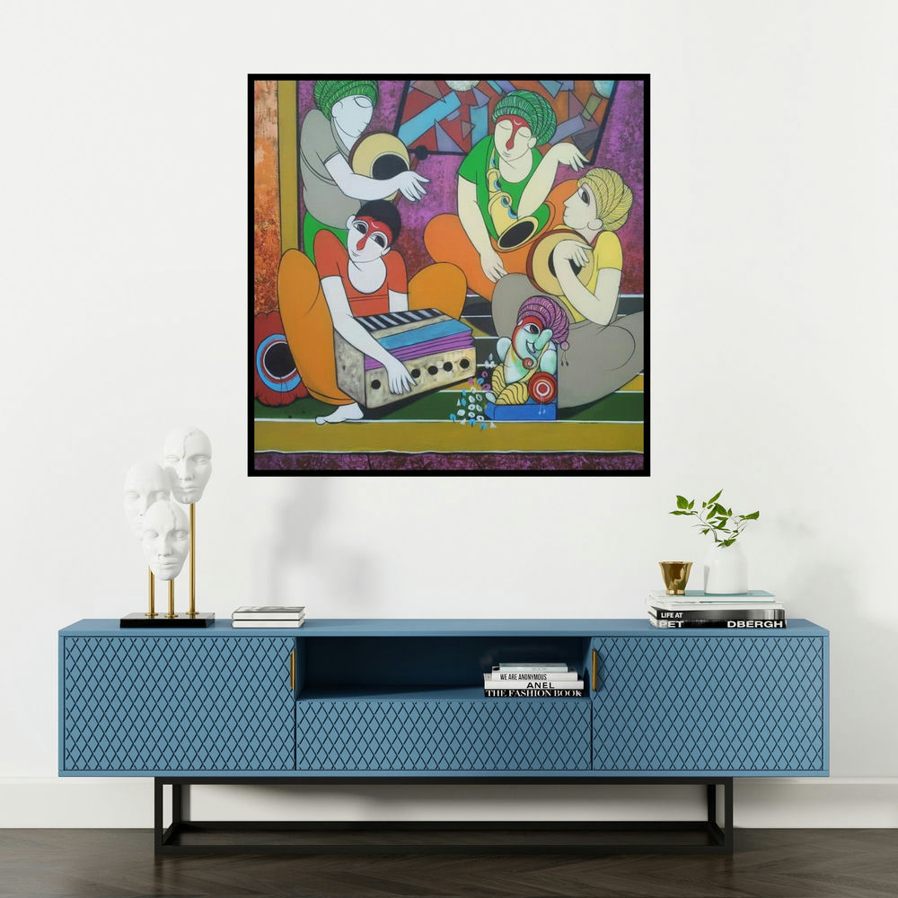 'Welcome Ganesha' painting by Dnyaneshwar Bembade shown on a wall in a furnished room.