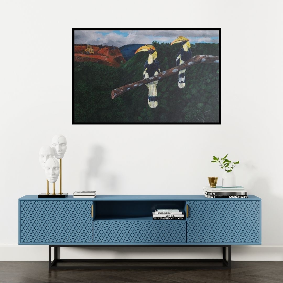 Preview of 'Western Aghast (A Disrupted Harmony)' Painting by Yashodan Heblekar shown on a wall in a furnished room.