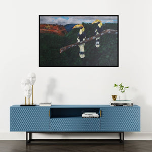 Preview of 'Western Aghast (A Disrupted Harmony)' Painting by Yashodan Heblekar shown on a wall in a furnished room.