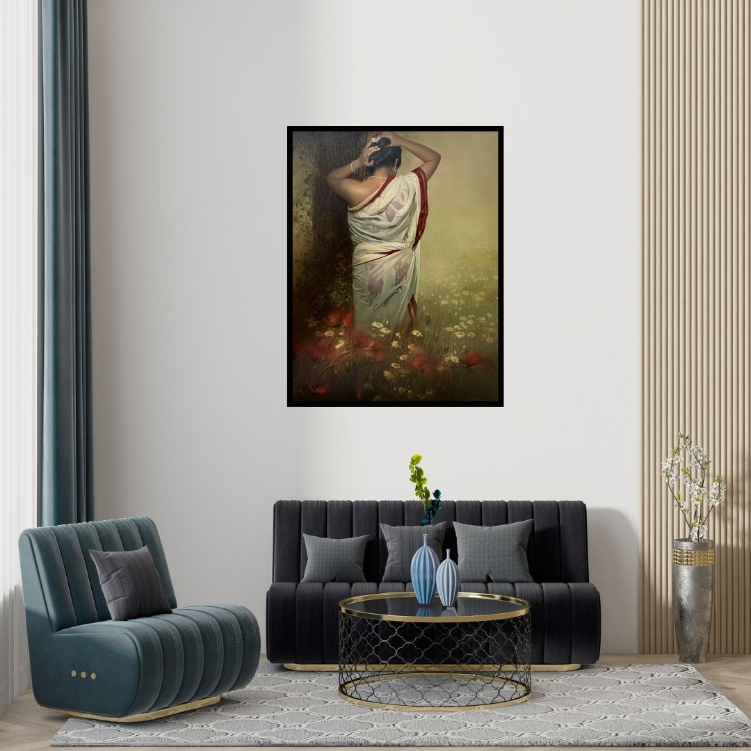 Preview of 'Wet Lady' Painting by Amit Bhar shown on a wall in a furnished room.