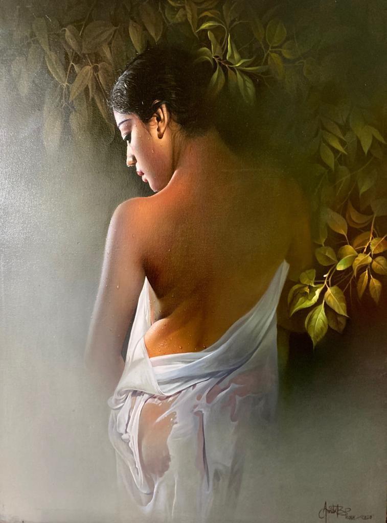 Figurative acrylic oil painting titled 'Wet Lady 2', 30x40 inches, by artist Amit Bhar on Canvas