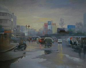 Cityscape acrylic painting titled 'Wet Nagpur', 30x24 inches, by artist Bijay Biswaal on Canvas