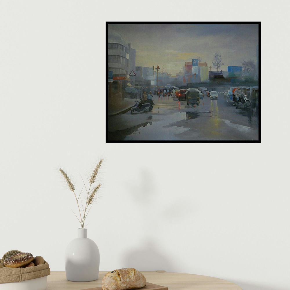 Bijay Biswaal's 'Wet Nagpur (Untitled)' painting visualized above a sofa in a contemporary room.