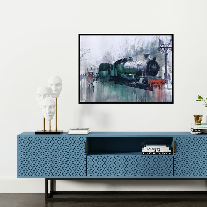 Preview of 'Wet Platform 21' Painting by Bijay Biswaal shown on a wall in a furnished room.