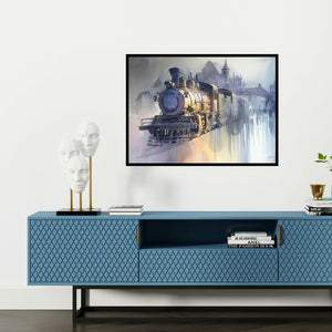 Preview of 'Wet Platform' Painting by Bijay Biswaal shown on a wall in a furnished room.