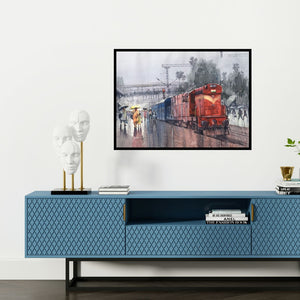 Preview of 'Wet Platform 31' Painting by Bijay Biswaal shown on a wall in a furnished room.