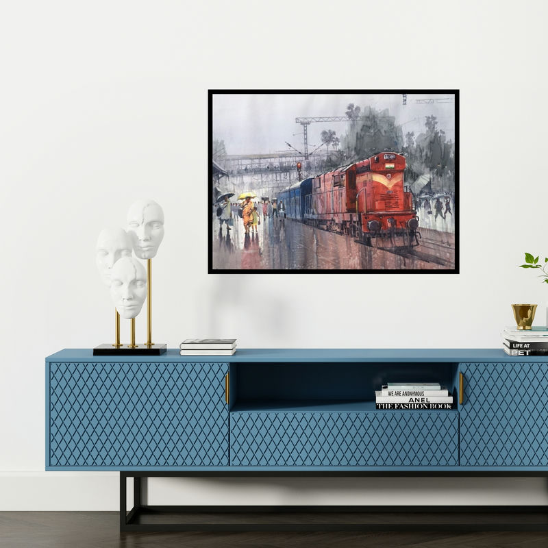 Preview of 'Wet Platform 31' Painting by Bijay Biswaal shown on a wall in a furnished room.