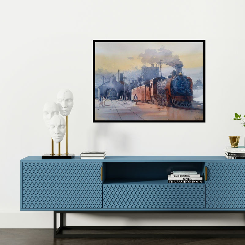 Preview of 'Wet Platform 32' Painting by Bijay Biswaal shown on a wall in a furnished room.