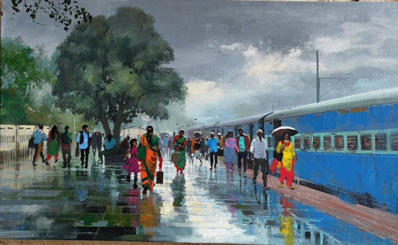 Wet Platform' cityscape acrylic painting by artist Bijay Biswaal, 24x48 inch, on canvas