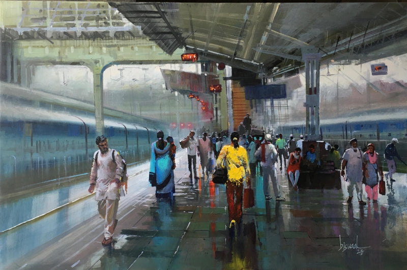 Wet Platform 51' cityscape acrylic painting by artist Bijay Biswaal, 24x36 inch, on canvas