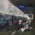 Wet Platform 52' cityscape oil painting by artist Bijay Biswaal, 24x36 inch, on linen