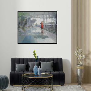 'Wet Platform Iii' painting by Bijay Biswaal shown on a wall in a furnished room.