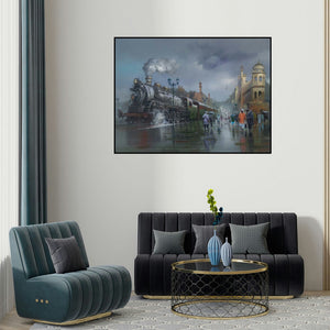 Bijay Biswaal's 'Wet Platform Lucknow' painting visualized above a sofa in a contemporary room.
