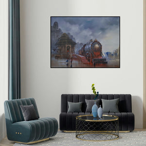 Bijay Biswaal's 'Wet Platform Odhisa' painting visualized above a sofa in a contemporary room.
