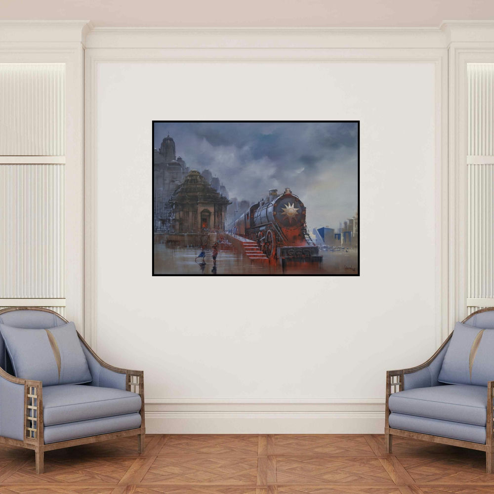 'Wet Platform Odhisa' painting by Bijay Biswaal shown on a wall in a furnished room.