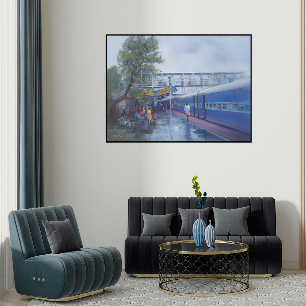 Bijay Biswaal's 'Wet Platform Rajnandgaon' painting visualized above a sofa in a contemporary room.