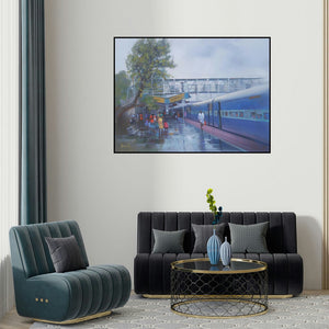 Bijay Biswaal's 'Wet Platform Rajnandgaon' painting visualized above a sofa in a contemporary room.