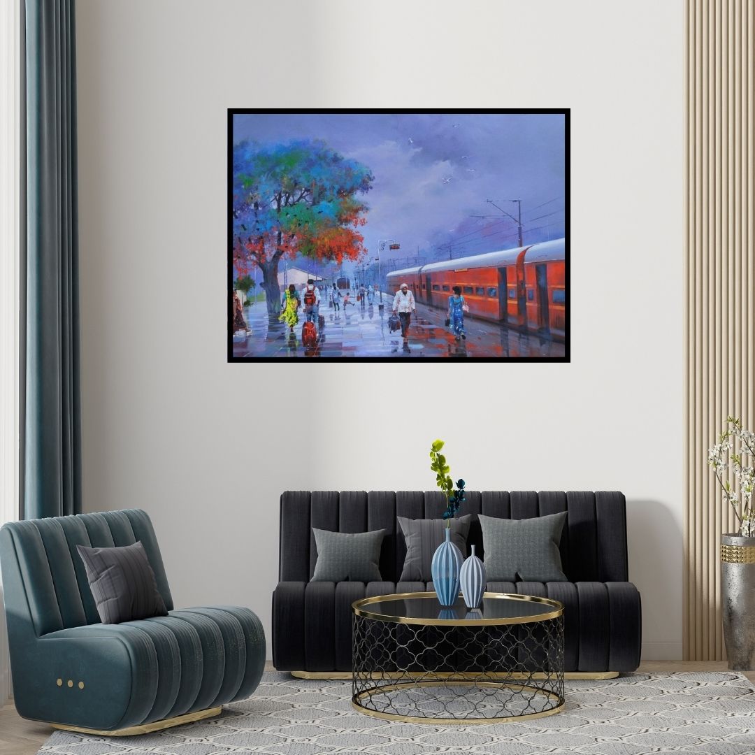 Preview of 'Wet Platform Red' Painting by Bijay Biswaal shown on a wall in a furnished room.