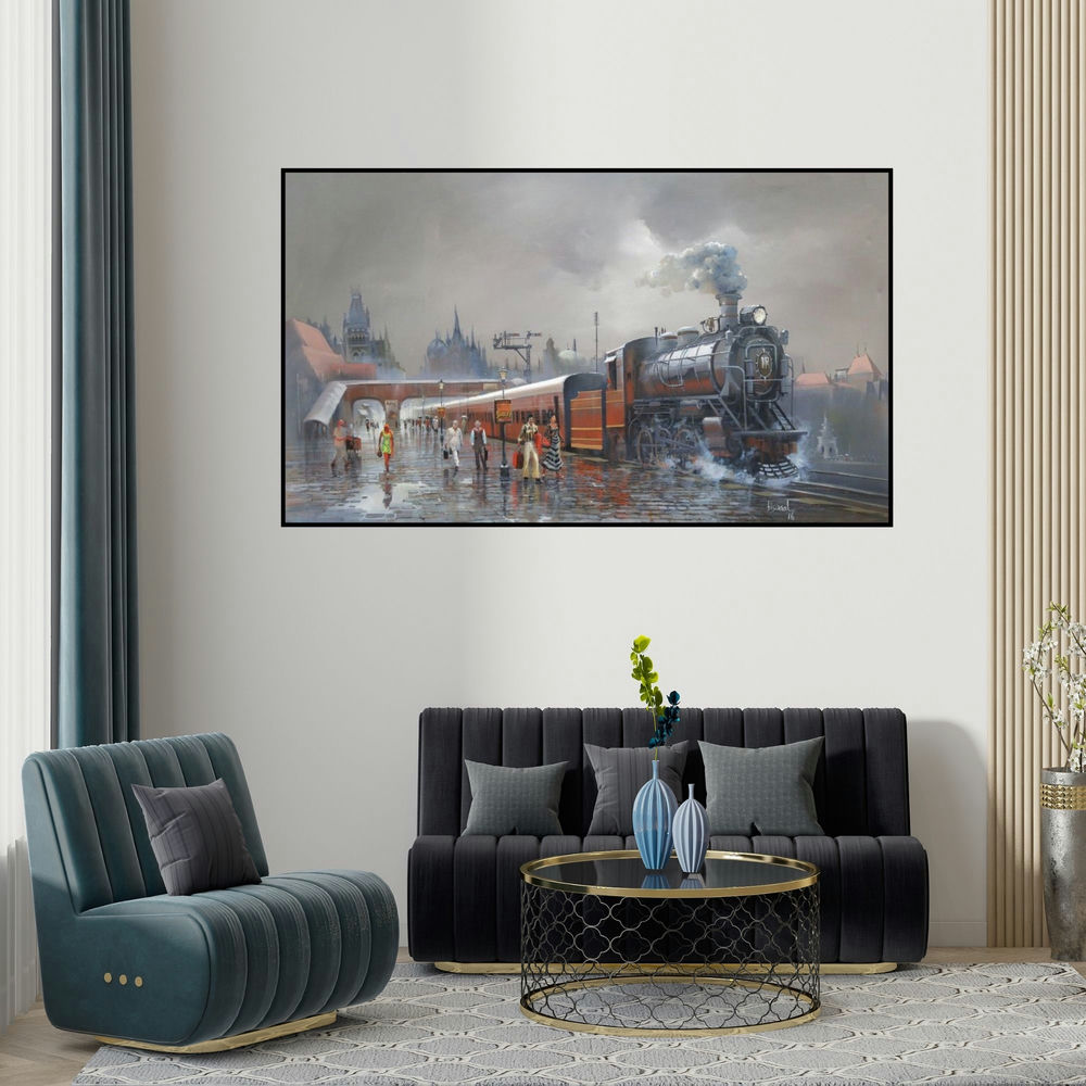 Bijay Biswaal's 'Wet Platform Retro 1970' painting visualized above a sofa in a contemporary room.