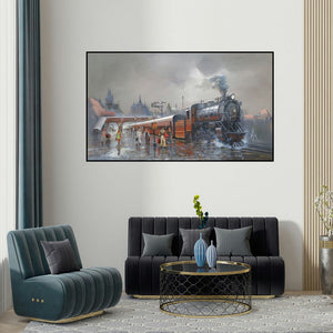 Bijay Biswaal's 'Wet Platform Retro 1970' painting visualized above a sofa in a contemporary room.