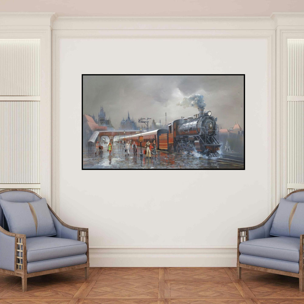 'Wet Platform Retro 1970' painting by Bijay Biswaal shown on a wall in a furnished room.
