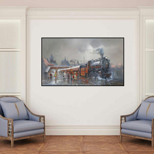 'Wet Platform Retro 1970' painting by Bijay Biswaal shown on a wall in a furnished room.