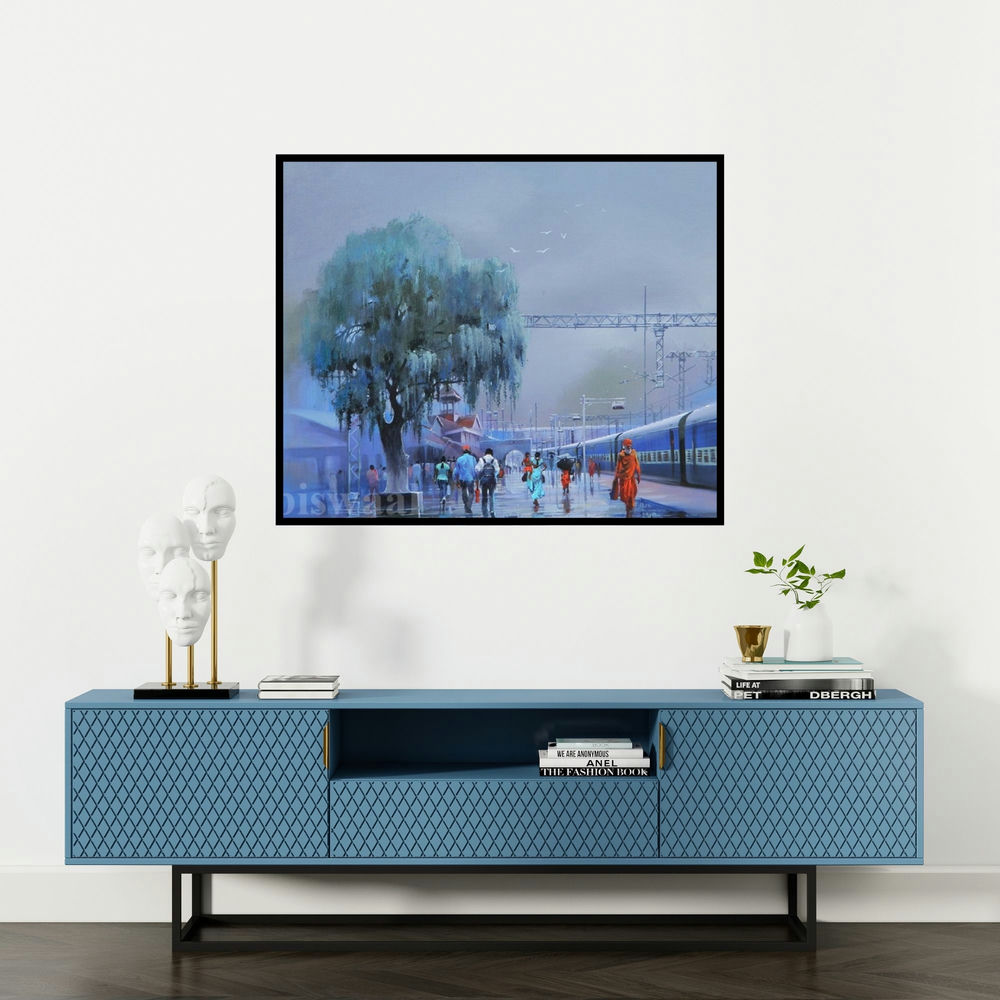 Bijay Biswaal's 'Wet Platform V' painting visualized above a sofa in a contemporary room.