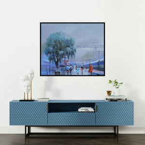 Bijay Biswaal's 'Wet Platform V' painting visualized above a sofa in a contemporary room.