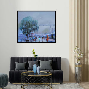 'Wet Platform V' painting by Bijay Biswaal shown on a wall in a furnished room.