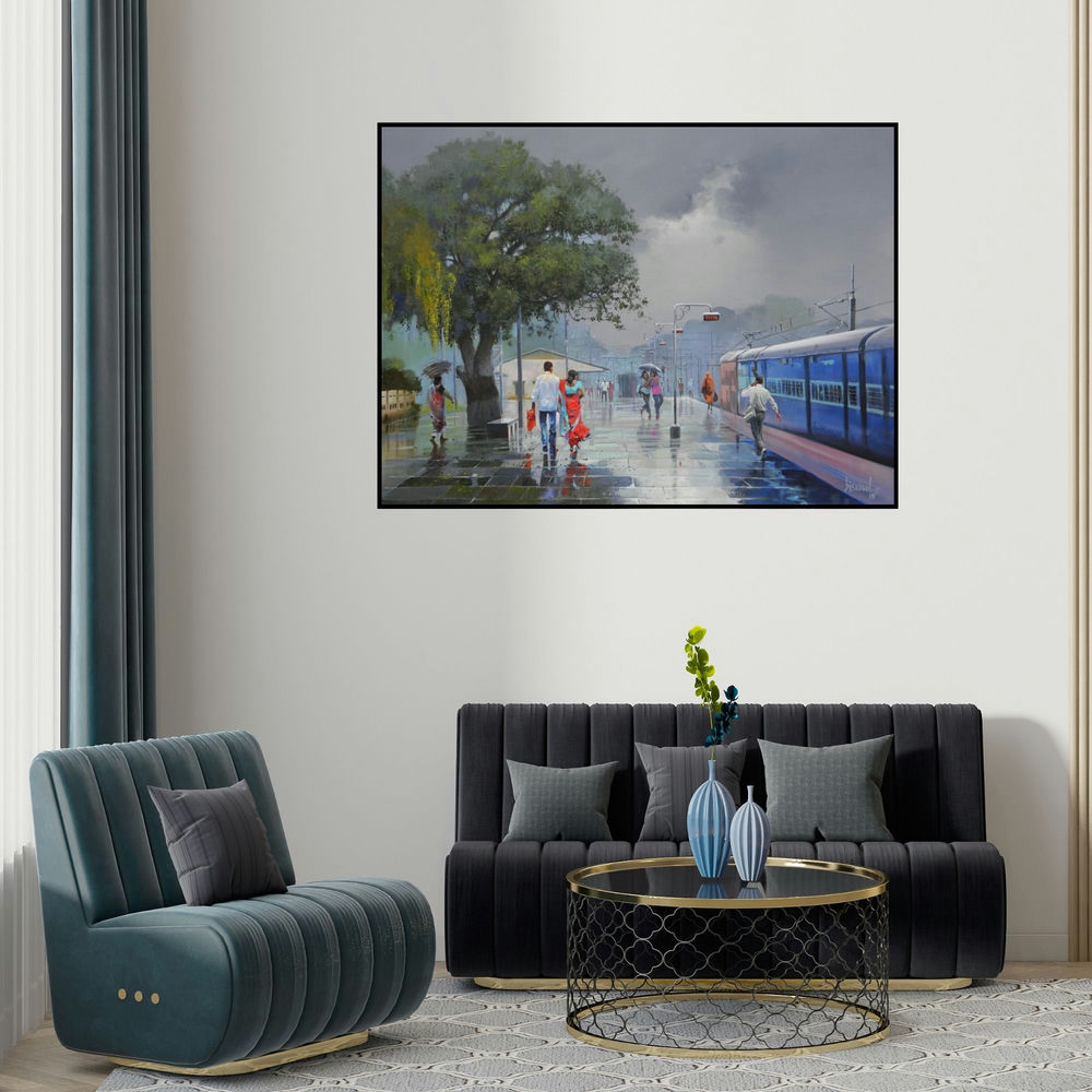 'Wet Platform Vi' painting by Bijay Biswaal shown on a wall in a furnished room.