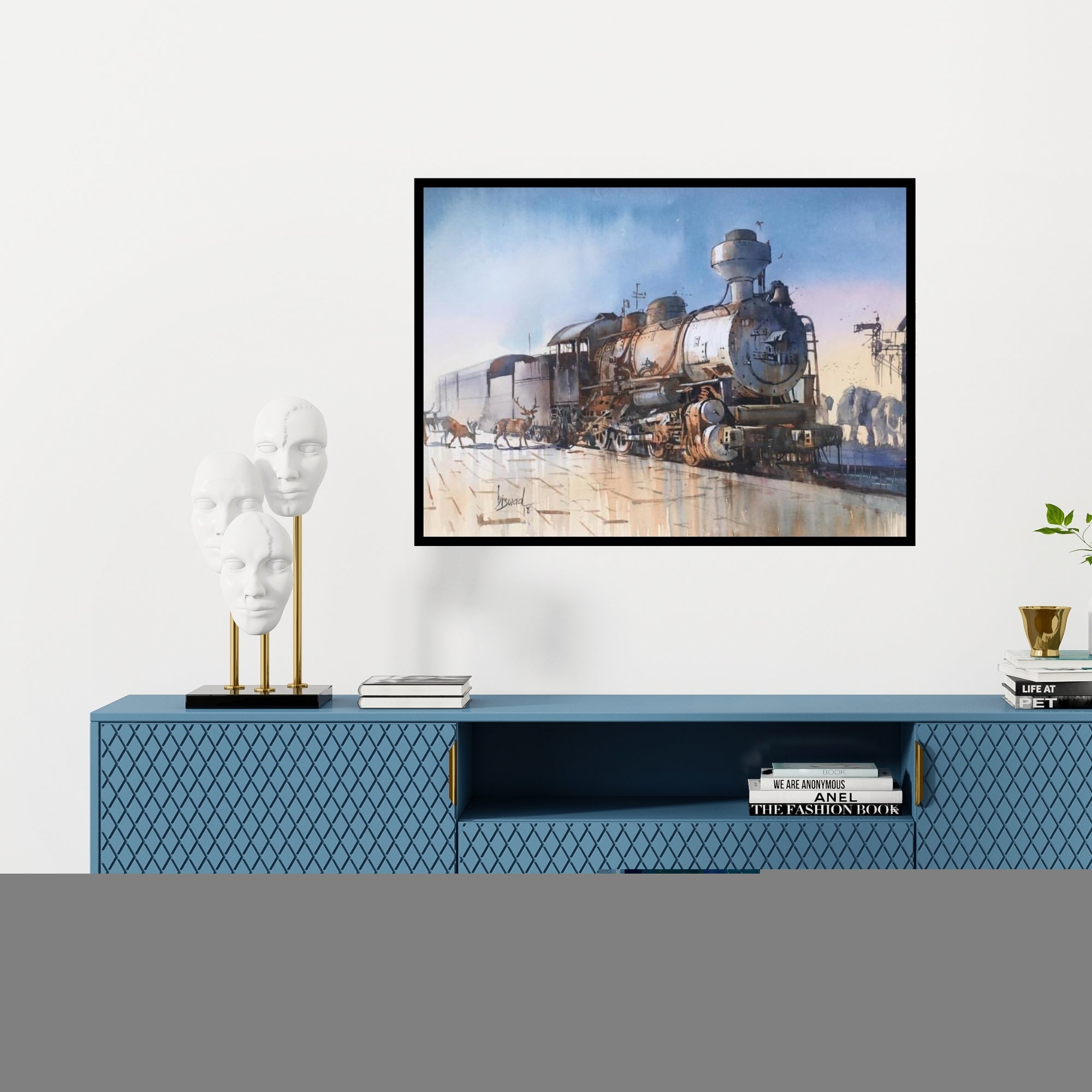 Preview of 'Wet Platform Wild 2 (Untitled)' Painting by Bijay Biswaal shown on a wall in a furnished room.