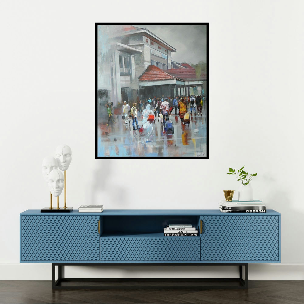 Bijay Biswaal's 'Wet Station (Untitled)' painting visualized above a sofa in a contemporary room.