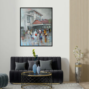 'Wet Station (Untitled)' painting by Bijay Biswaal shown on a wall in a furnished room.