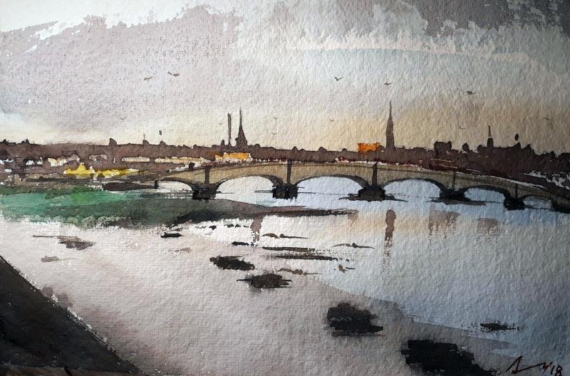 Cityscape watercolor painting titled 'Wexford Bridge Ireland', 8x11 inches, by artist Arunava Ray on Paper