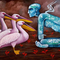Figurative acrylic painting titled 'What Do Pelicans Say', 30x42 inches, by artist Ranjith Raghupathy on Canvas
