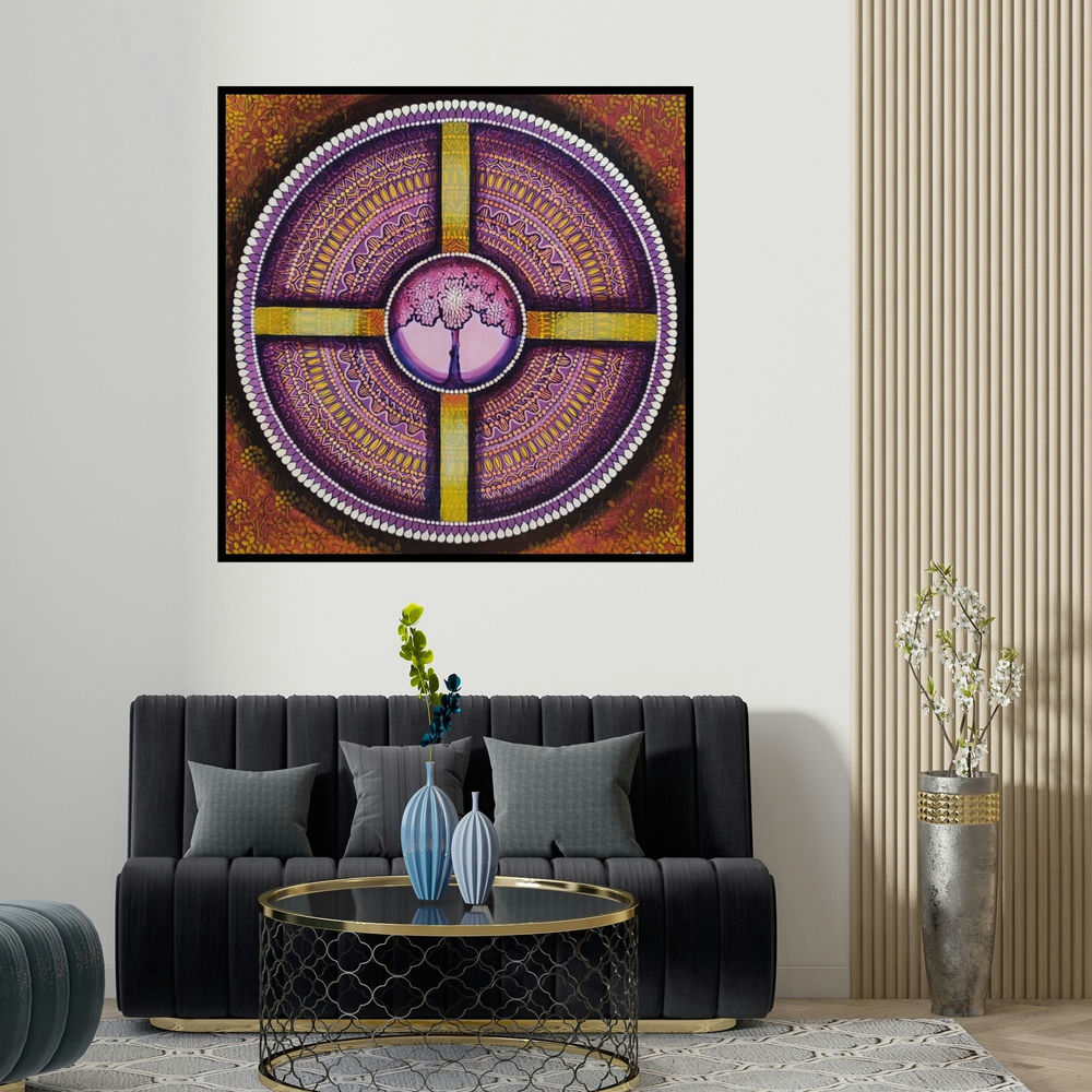Nitu Chhajer's 'Wheel Of Life' painting visualized above a sofa in a contemporary room.