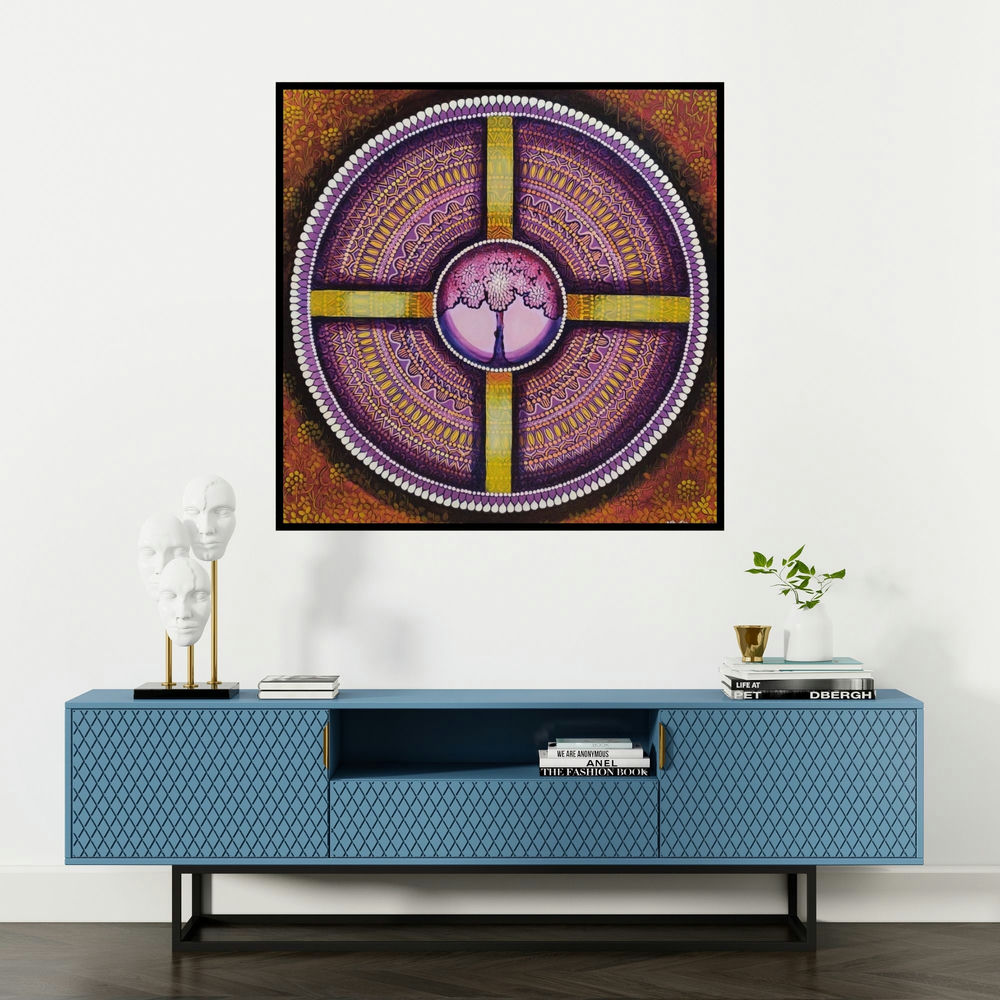 'Wheel Of Life' painting by Nitu Chhajer shown on a wall in a furnished room.