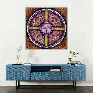 'Wheel Of Life' painting by Nitu Chhajer shown on a wall in a furnished room.