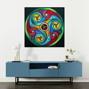 'Wheel Of Life (Cycles of Existence)' painting by Manju Lamba shown on a wall in a furnished room.