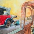 Transportation mixed media painting titled 'Wheels At Rest 3', 11x15 inches, by artist Aditya Phadke on Paper