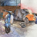 Transportation mixed media painting titled 'Wheels At Rest 5', 11x15 inches, by artist Aditya Phadke on Paper